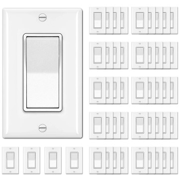 [50 Pack] Single Pole Decorator Wall Light Switch with Wallplate, 15A 120/277V, On/Off Rocker Paddle Interrupter, UL Listed, White