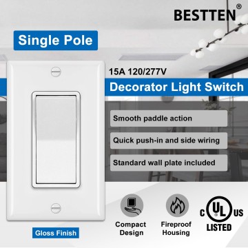 [50 Pack] Single Pole Decorator Wall Light Switch with Wallplate, 15A 120/277V, On/Off Rocker Paddle Interrupter, UL Listed, White