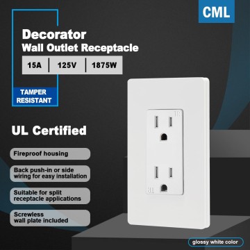 15 Amp Decorator Recetpacle Outlet, 50 Pack Tamper Resistant Standard Electrical Wall Outlet, 15A/125V, Decor Screwless Wallplate Included, UL Listed, White