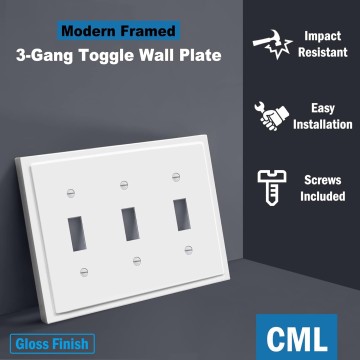 3-Gang Modern Framed Toggle Light Switch Wall Plate, Decorative Triple Outlet Covers, Impact Resistant Polycarbonate, Standard Size 6.87”X 4.87”, White, 2 Pack