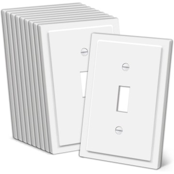 White Modern Framed Single Toggle Switch Wall Plate, 10 Pack Decorative 1-Gang Outlet Covers, Impact Resistant Polycarbonate, Standard Size 3.15”X 4.87”