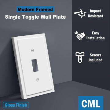 White Modern Framed Single Toggle Switch Wall Plate, 10 Pack Decorative 1-Gang Outlet Covers, Impact Resistant Polycarbonate, Standard Size 3.15”X 4.87”