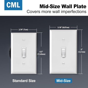 Mid-Size Light Switch Cover Plate, 10 Pack Toggle Switch Plate Covers, 1-Gang Electrical Wall Plates, Midway Size 3.18” x 5”, Impact Resistant, Gloss Finish, White