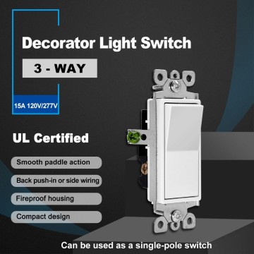 3 Way Decorator Paddle Rocker Wall Light Switch, Single Pole or Three Way, 15A 120/277V, 3-Year Warranty, Gloss White