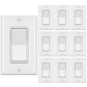 [10 Pack] 4-Way Decorator Wall Light Switch with Wallplates, 15A 120/277V, On/Off Paddle Rocker Interrupter, Self-Grounding, UL Listed, White