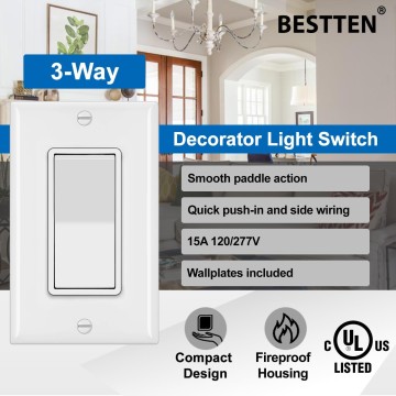 [40 Pack] 3-Way Decorator Wall Light Switch, 15A 120V/277V, On/Off Paddle Rocker Wall Switch, 3 Wire, UL Listed, White