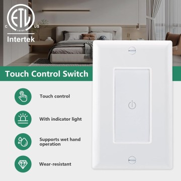 Wall Touch Light Switch Capacitive Touch Switch with Led Indicator 480W Tungsten Lamp/Incandescent Lamp 150W LED,ETL Listed,White (10Pack)