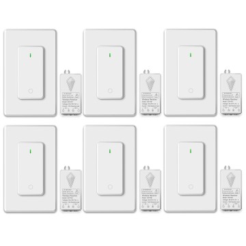 6PK Wireless Lights Switch and Receiver Kit, Wall Mounted Light Switch, Wireless Light Switch, Buckle Design & Removable, No Wiring, Programmable 1300ft Remote Control Lighting LED Light Lamp